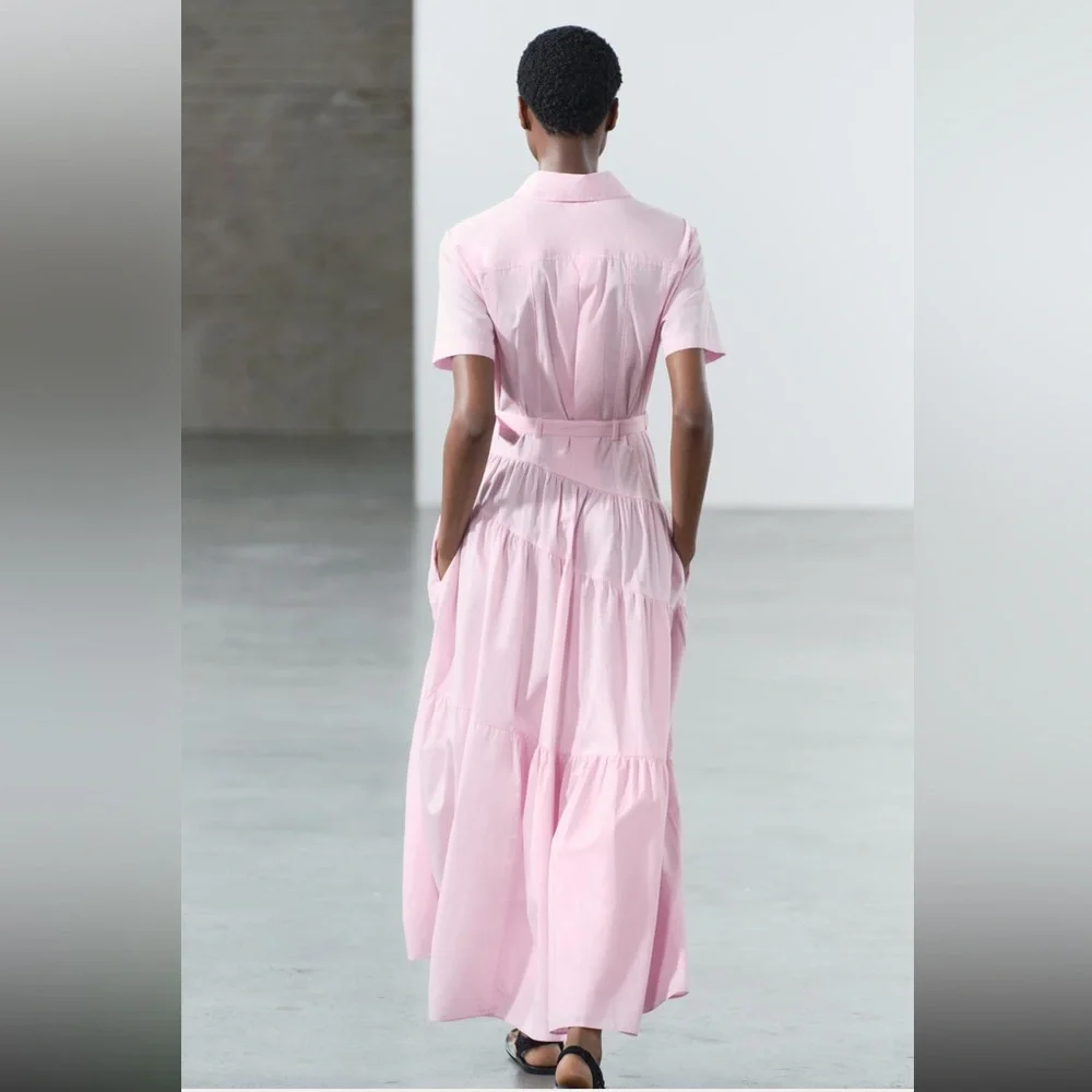 Zara ZW COLLECTION POPLIN SHIRTDRESS, pastel  pink, cotton, tiered